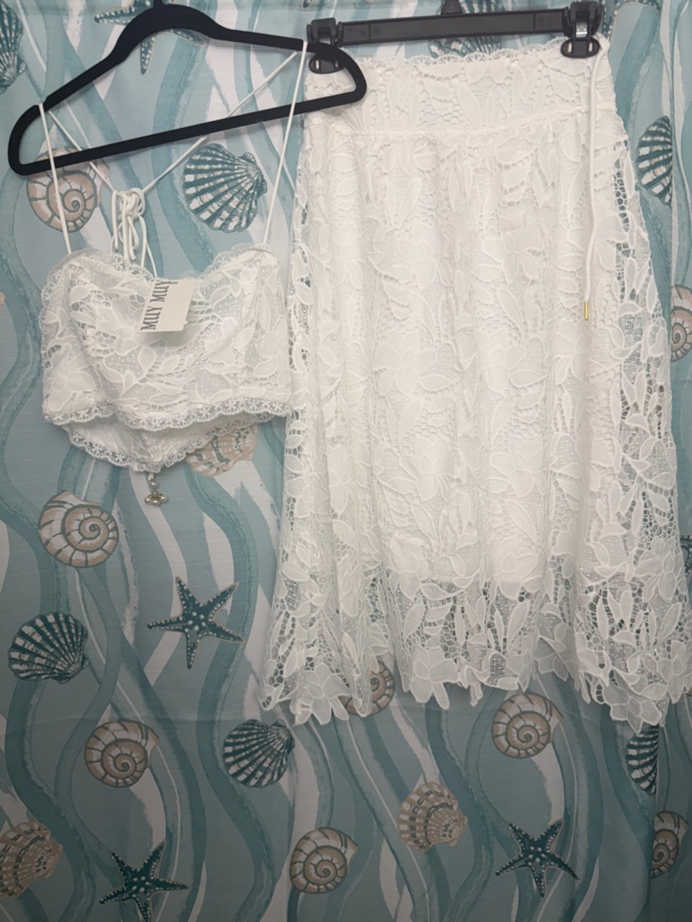 White Floral Lace Crop Top & Midi Skirt Set
